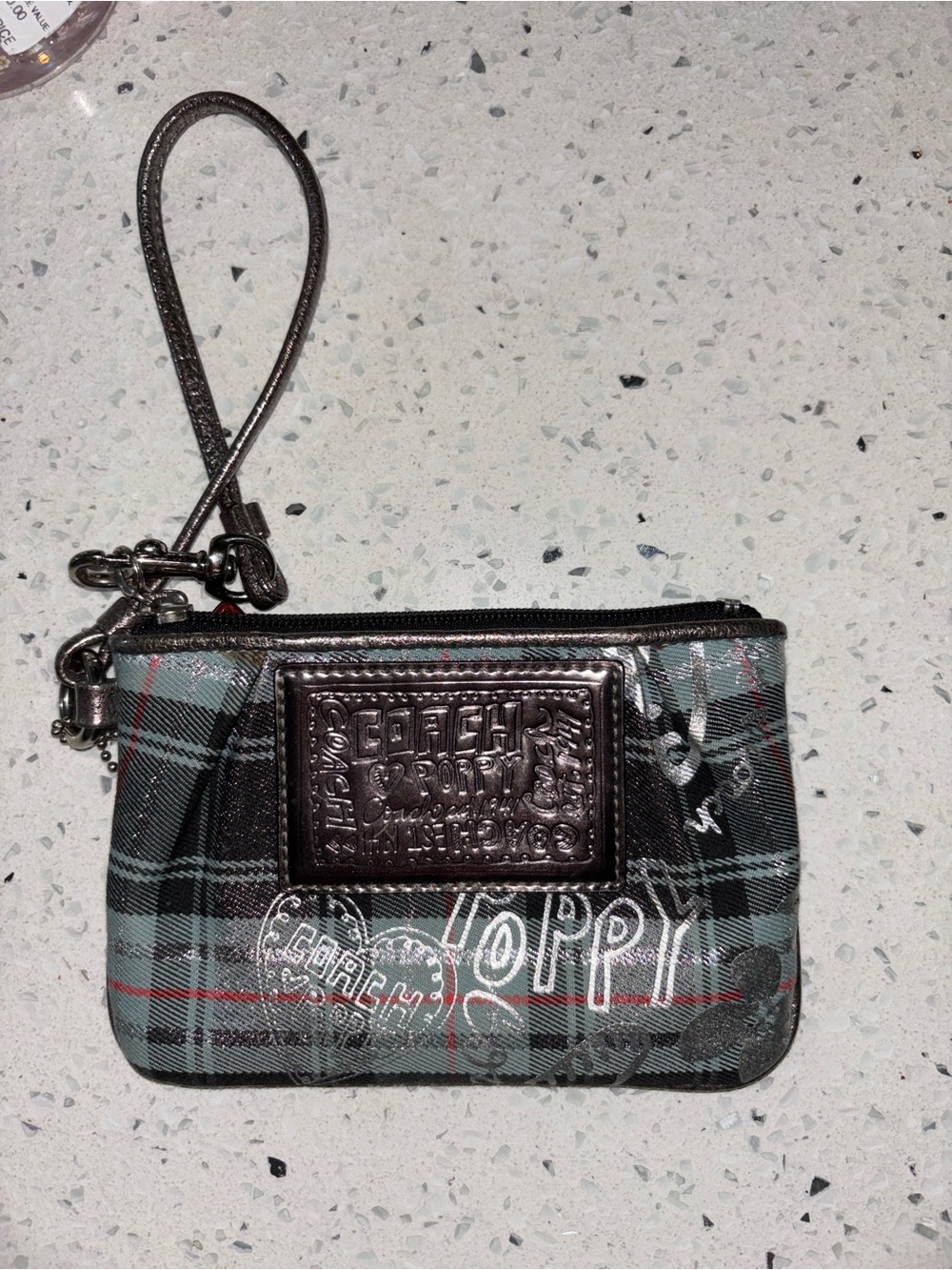 Coach Plaid Poppy Patch Wristlet in Gray and Brown New - Picture 2 of 5